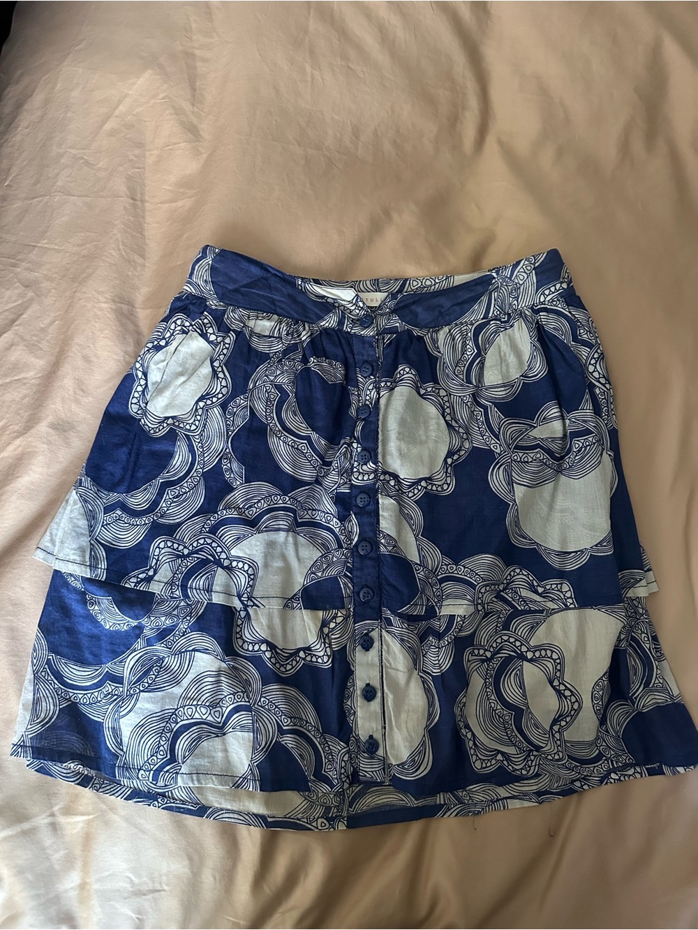 Tulle Blue and White Patterned Button-Front Mini Skirt